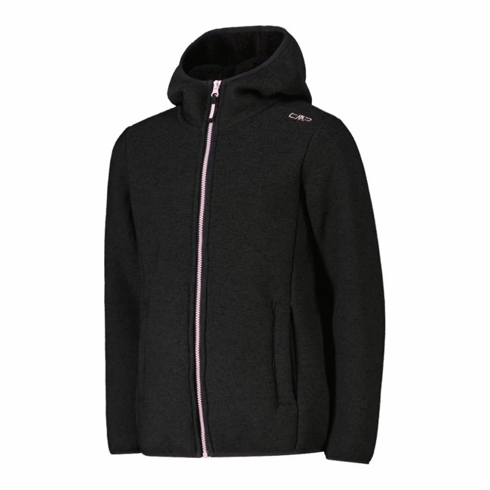 Giacca in pile da bambina in knit tech melange con cappuccio