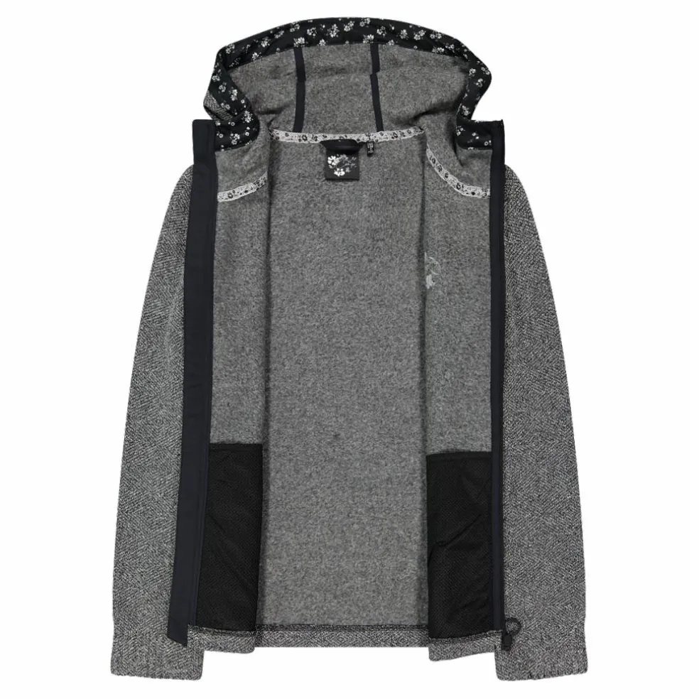 Giacca in pile da donna in knit tech con cappuccio con dettagli floreali