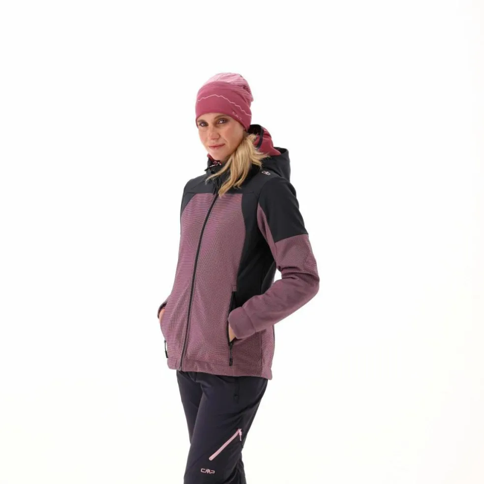 Giacca Softshell da Donna con Cappuccio e Motivo Grid-Jacquard Bicolor